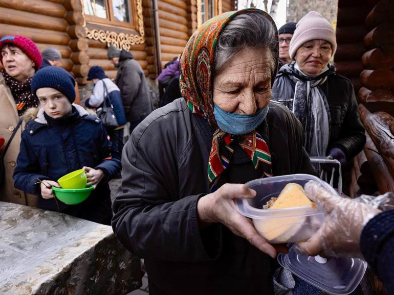 A church provides humanitarian aid in Kyiv.